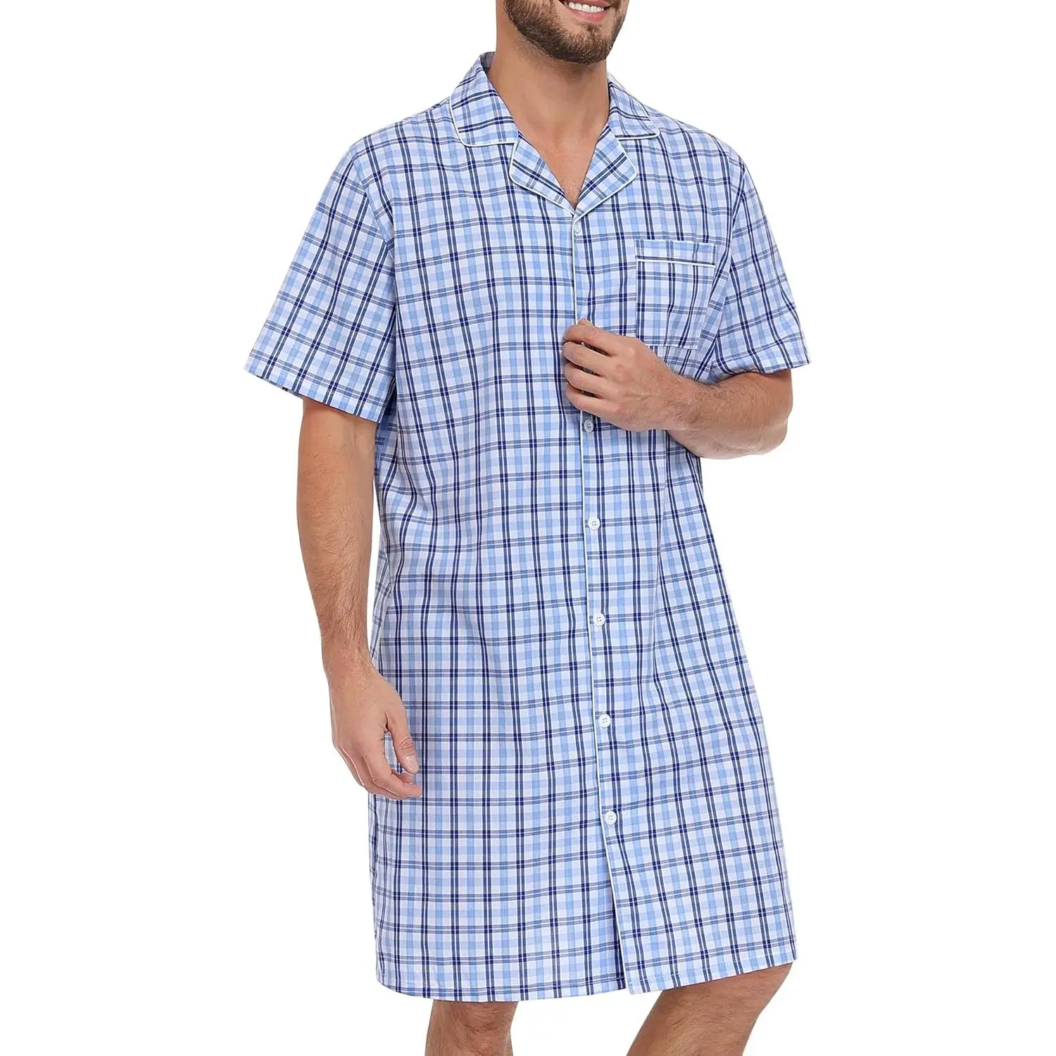 SWOMOG Men's Nightshirt 100% Cotton Button Down Nightwear Comfy Short Sleeve Nightgown for Sleeping Sleep Shirt S-XXXL