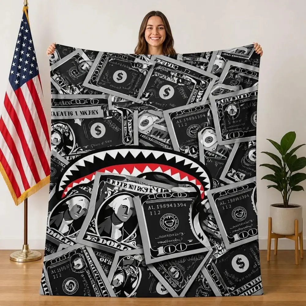 Black Dollar Bill Shark Mouth Ape Head Graphic Throw Blanket, Streetwear Hip Hop Fleece Blanket, Soft Cozy Money Pattern Camo Blanket for Kids & Adults, Lightweight Air Conditioner Blanket for Couch Bed Bedroom Dorm, Urban Home Decor Gift.For all ages