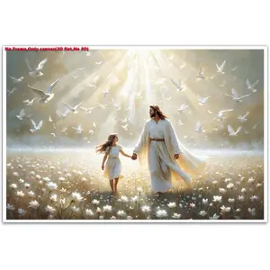 1pc 2D flat Unframed wall decor,Jesus walking with girl canvas wall art I will walk with Christ peace dove floral poster print modern bible inspirational spiritual painting christian tranquil home decor, Modern Home Decoration
