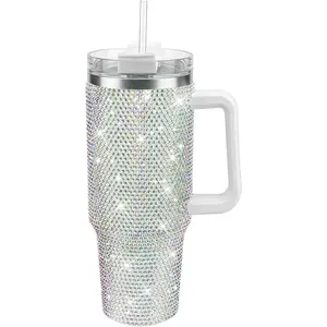 Mother's Day Gift White 40oz Rhinestone Tumbler with Handle & Straw, Insulated Stainless Steel Travel Mug for Hot & Cold Drinks, Sparkle Reusable Water Bottle outdoorfun