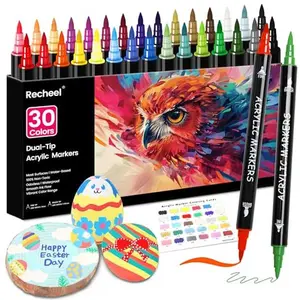 30 Colors Acrylic Paint Markers, Dual Tip Fine and Brush Tips for Detailed Art, Crafting, Rock Painting, Wood, Glass, Ceramic, and More