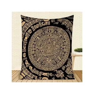 Intricate Black & Gold Aztec Mayan Calendar Tapestry Wall Hanging Decor