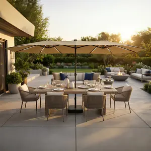 FUFU&GAGA 15ft Large Sturdy Umbrella Outdoor Patio Yard Umbrella with LED Light Strip Solar Panel Double-Sided Rectangle Market Auto-Tilt Patio Umbrella with 12 Sturdy Ribs (Base is included)