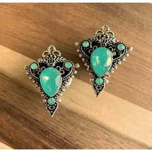 PAIR of Beautiful Green Opalite Stone Teardrop Tribal Shield Steel Double Flare Tunnels/Plugs - Gauges 2g (6mm) thru 5/8" (16mm)