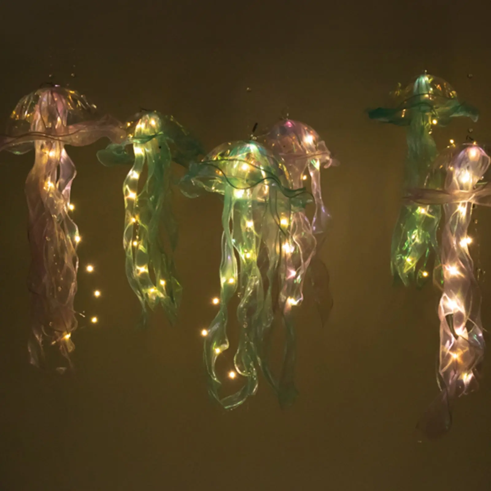 6-Pack Decorative Blue Purple Jellyfish Glow Hanging Lantern Lights, 3 Flashing Modes Organza Ribbon LED Lights for Mermaid Theme, Under the Sea, Pool Party Decor - 17in