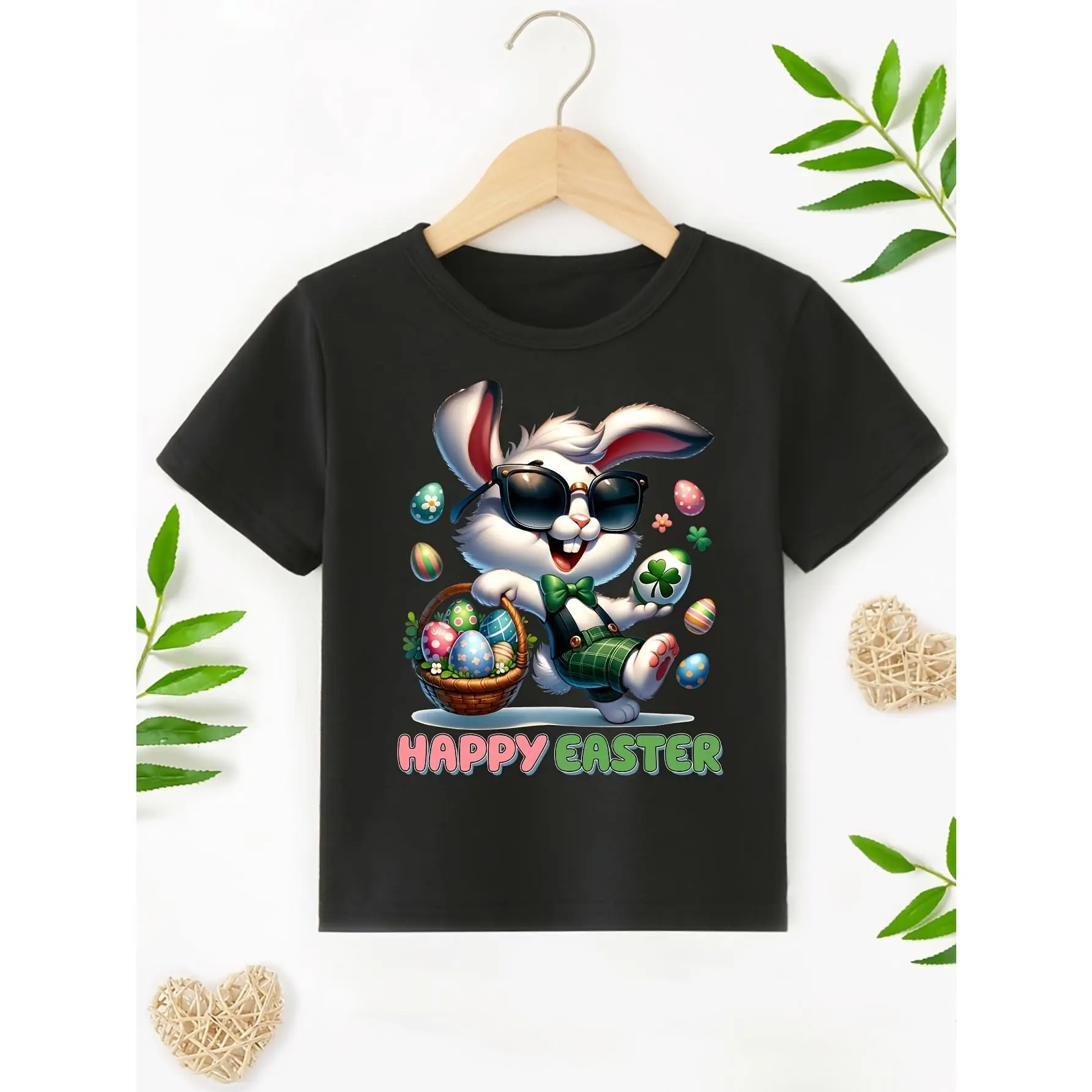 Boys' Easter Crew Neck Short Sleeve T-Shirt, Cotton Breathable Fabric, All Seasons Casual Top with Happy Easter Rabbit, Fashion Glasses & Creative Cartoon Print