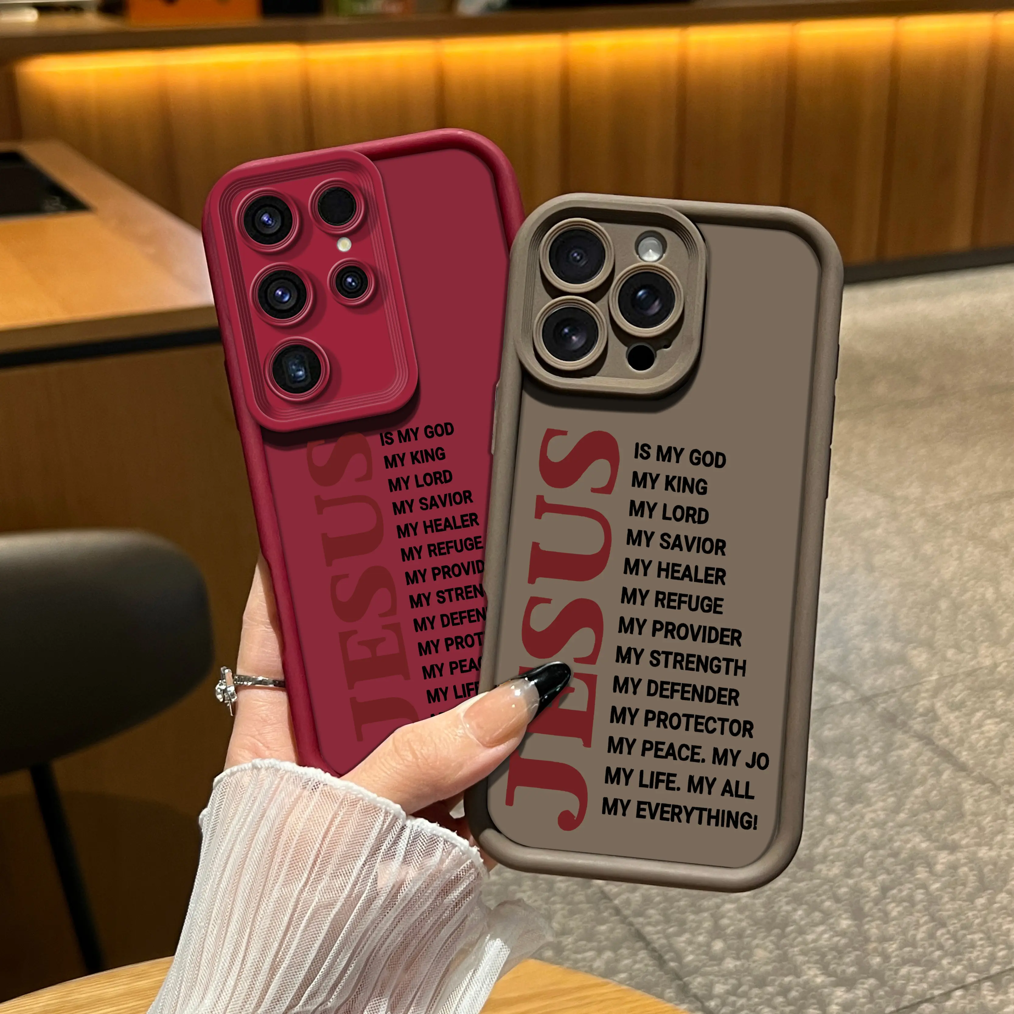 Phone case for iPhone 16 Pro Max 15 Plus 16E 14 1312 11 XS XR Galaxy S25 S24 S22 S23  Red Jesus text Advanced fashion gift FullBody Protection Shockproof Soft Silicone Cover.YW42