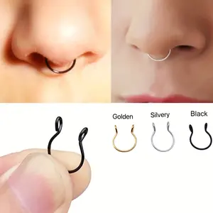 1Count Fake Hoop Nose Ring Stainless Steel Artificial Lip Ear Nose Hoop Fake Perforated Clip Nose Hoop Ring Body Jewelry Gift