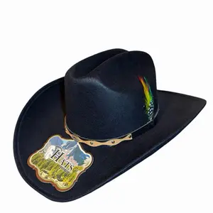Cowboy Western Hat-Black Faux Felt/Texana Vaquera Sinaloa de Resorte/Taco Shape Rodeo Hat/Cattleman Crease Crown With Feather