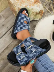 Women's Denim Chessboard Plaid Open Toe Thick Sole Slippers, Casual Summer Commute Shoes, Soft Rubber Sole, All Seasons