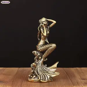 Handmade Brass Mermaid Figurine - Coastal Nautical Home Decor, Ocean-Inspired Desk Sculpture, Luxury Living Room Accent Art, Thoughtful Gift for Women (Birthday, Housewarming)