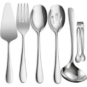 6 PCS Stainless Serving Utensils, Large Serving Slotted,, Ice Suger Tongs, Cake Server, Soup Ladle, Utensils Set Great for Buffet Catering Banquet, Silver