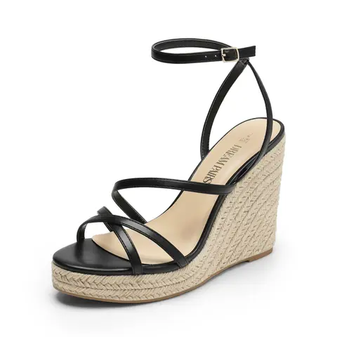 Dream Pairs Women's Stylish Classy 1.38-in Chunky Heel Wedge Sandals - Strappy Raffia Detailing, Cushioned Insole, Open Toe, Slip-Resistant, Height-Increasing Footwear, Elegant Party Shoes