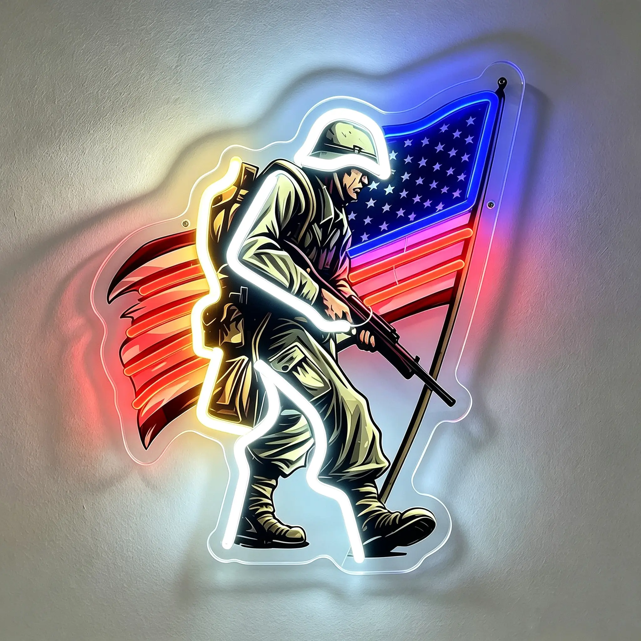 American Soldier Themed LED Neon US Flag Indoor Wall Light, USB-Powered Home Decor Lighting, Electronic Lights Bar Neon Sign for Man Cave Bedroom
