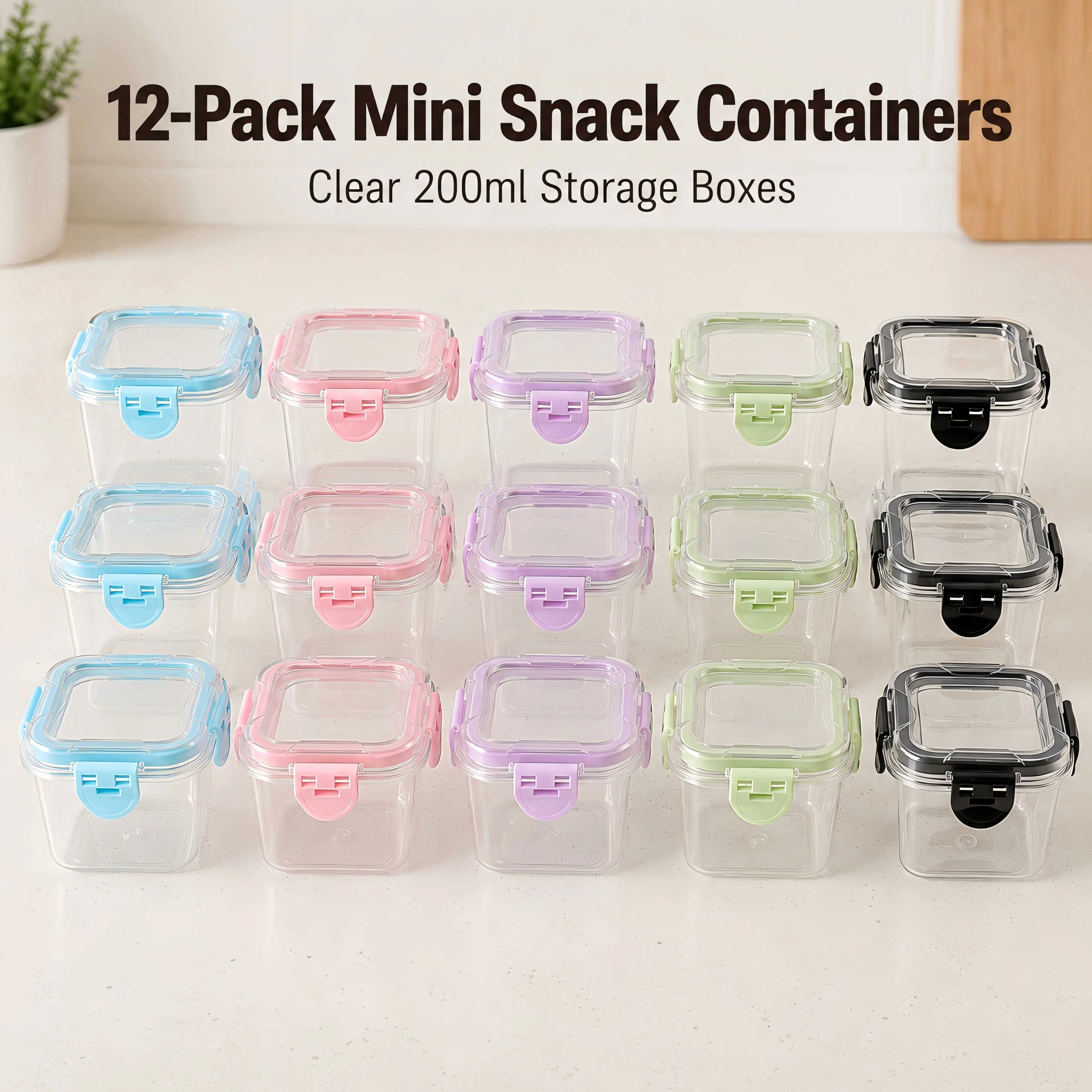 12 Pack Mini Clear Snack Containers with Clip Lids, 200ml Stackable PET Plastic Food Storage Boxes for Fruits, Nuts, Snacks, Lunch Bags and Fridge