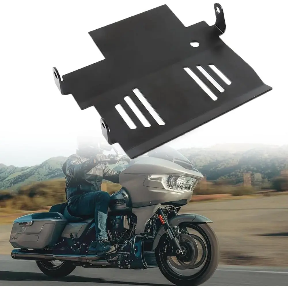Thick Aluminum Motorcycle Skid Plate (11.61in x 10.23in) - 1 Black Lower Engine Chassis Guard, Debris Deflection Accessory, Ventilation Holes for 2023-2026 Harley Street CVO Road Glide FLTRXSE, FLTRX, FLTRXSTSE & 2024-Up CVO Street Glide FLHX, FLHXSE