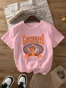 Women's Cartoon Bear & Letter Print Round Neck Tee, Fashion Casual Short Sleeve T-shirt, Ladies Summer Clothes for Daily Wear