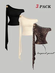 Women's 3-Piece Simple Fashion Elegant Asymmetrical Shoulder Waist Cinching Metal Buckle Draped Belt Vest Set Womenswear