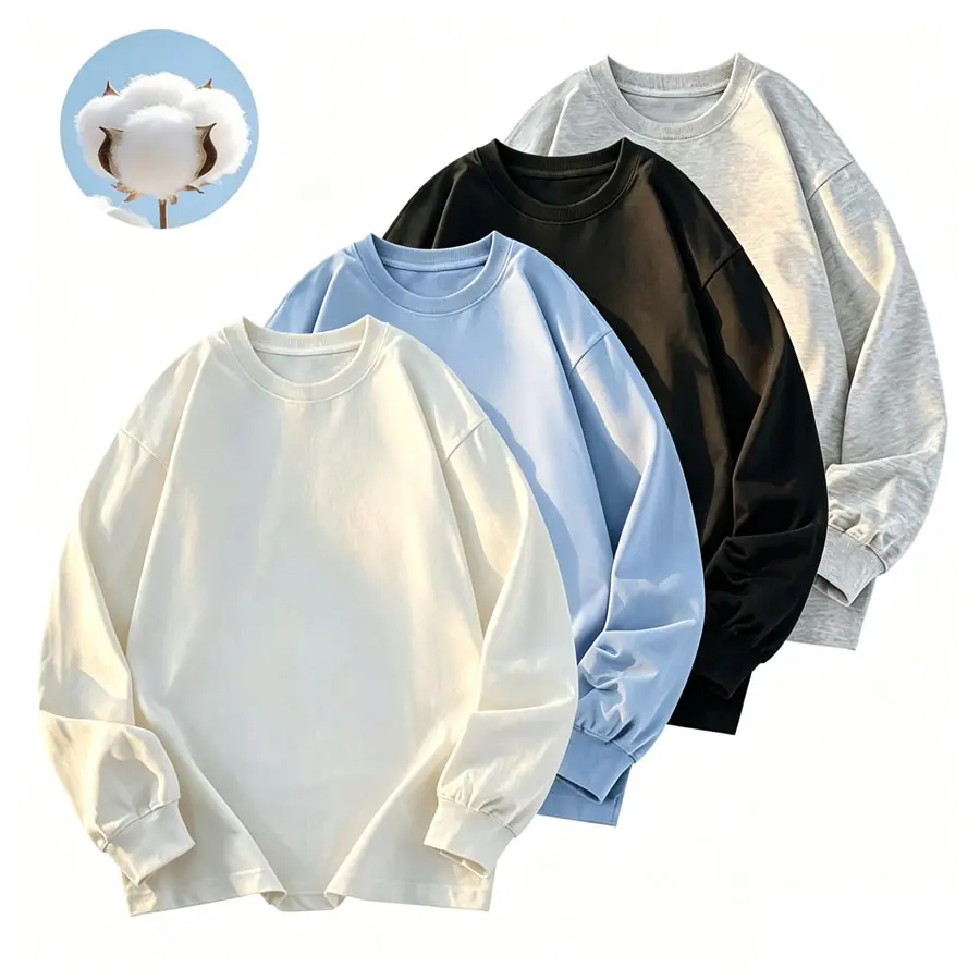 Men’s pure cotton solid-color crew neck long-sleeve loose-fit sports T-shirt — a minimalist basic layering top suitable for spring and autumn and casual wear.