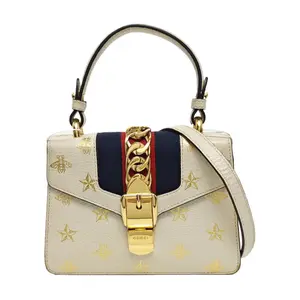 Pre-owned GUCCI LEATHER Crossbody Bags Sylvie Mini White Printed Bee Shoulder Bag Crossbody Bag with Gold Hardware and Detachable Strap