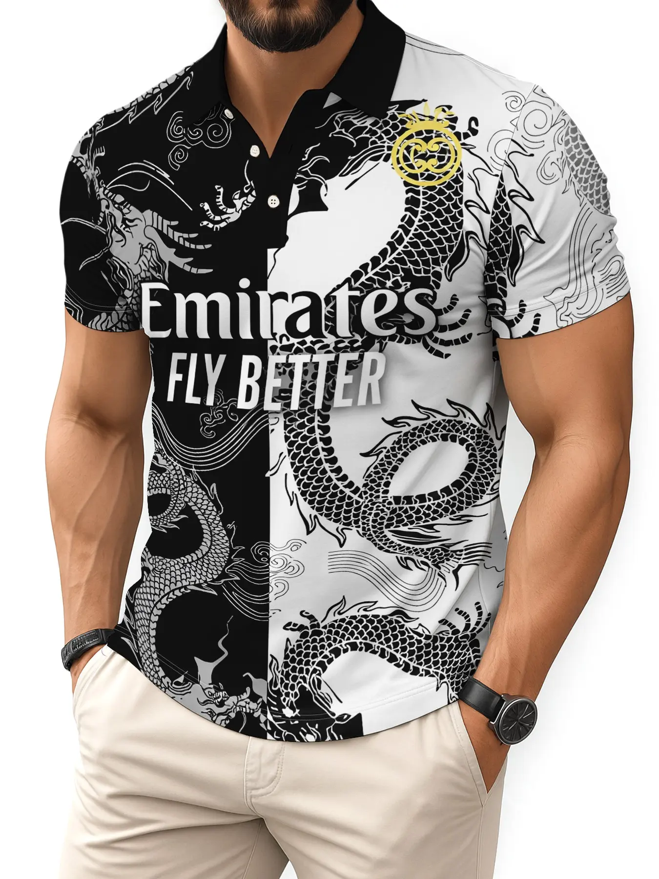 Emirates Airline Fly Better Dragon Pattern Polo Shirt, Casual Fitted Top, Aviation Brand Culture, Men's Fashion Tee