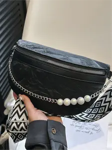Versatile Vintage Solid Color Shoulder Chest Bag, Pearl Chain Decoration Commuter Crossbody Bag, Stylish and Practical Daily Use Zipper Fanny Pack, Zipper Belt Bag