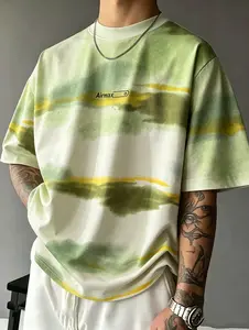 Men's Green Watercolor Gradient Oversized Cotton T-Shirt - Abstract Ink Wash Print Streetwear Menswear Clothes, Casual Loose Short-Sleeve Top (Latto Picture Outfit, Charleston White Inspired)