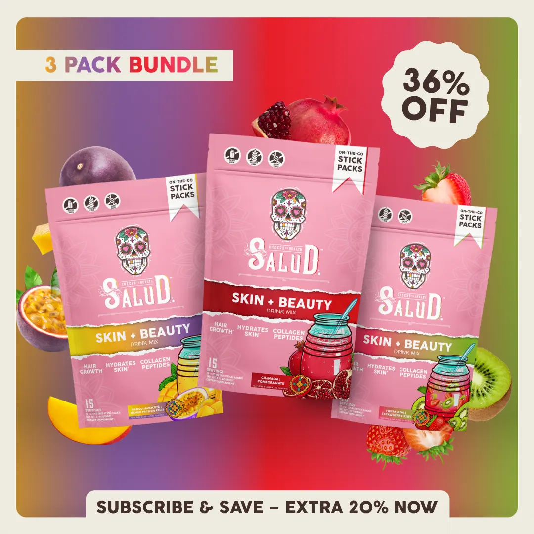 Salud 2-in-1 [Skin + Beauty - Trio] Collagen Peptides Drink Mix with Verisol, Hyaluronic Acid, Vitamin C, Biotin + Lustriva, Beauty Hydration Sticks, Gluten Free, For Men & Women (3-Pack, 45 Servings)