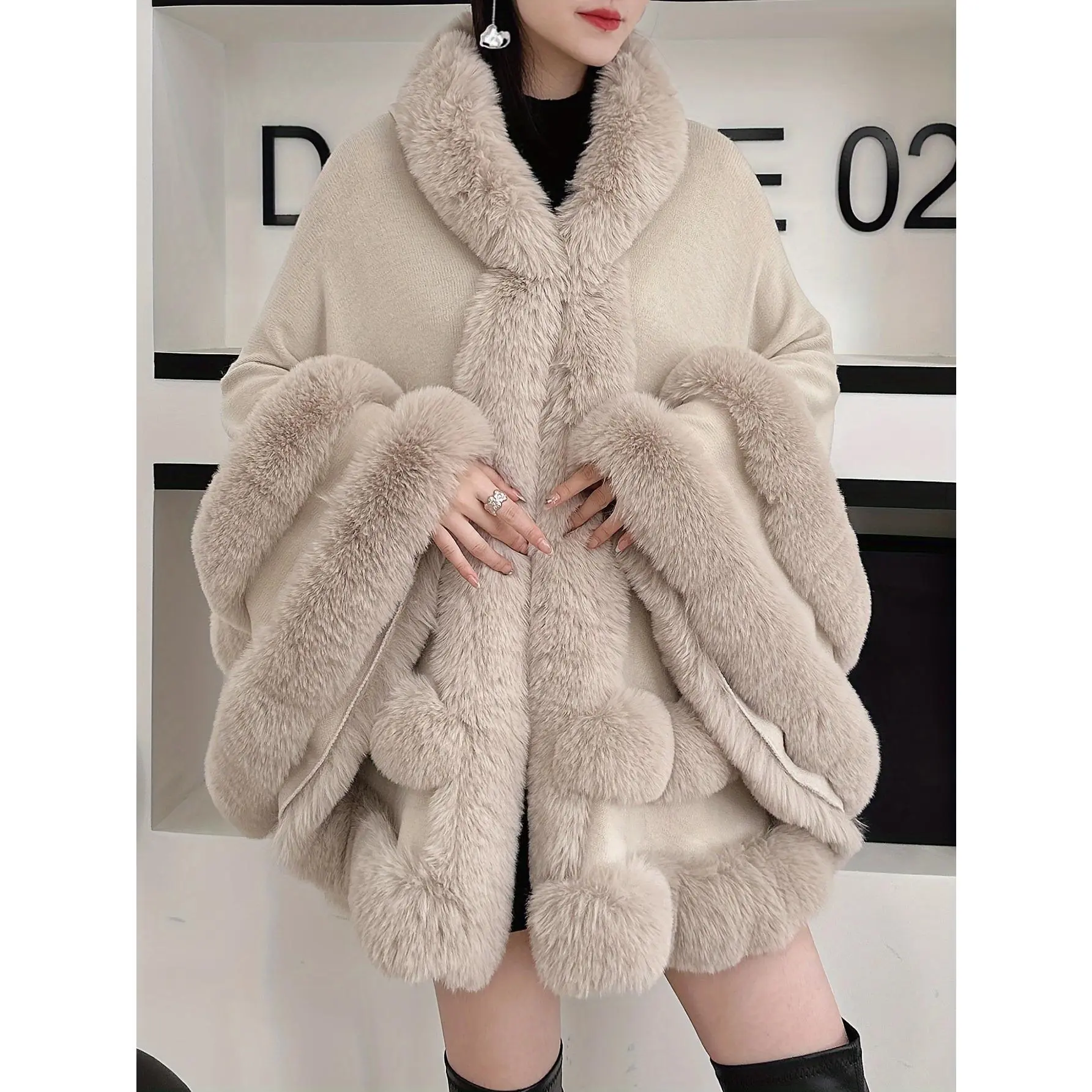 Women's Wine Red Hooded Knitwear Cape Cardigan, Loose Fit Plain Casual Open-Front Acrylic Shawl, Contrast Faux Fur Decoration for Autumn Winter Cape Sleeves