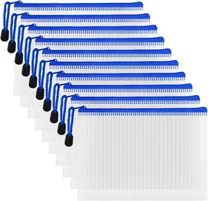 AUSTARK 10 Pcs Zipper File Bags, Waterproof Plastic Mesh Pouch for Office School, Board Game Storage Bags (B6 Size 7.6''X5.3'', White and Blue)