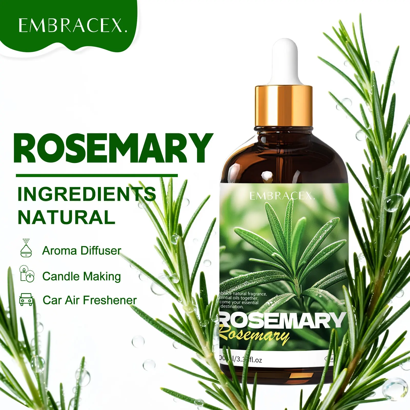 100ML Rosemary Essential Oils, Alcohol-Free Long-Lasting Scent, Humidifier Diffuser, DIY Soap Candle Bath Car Air Freshener