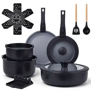 Ammeloo 18-Piece Non-Stick Ceramic Cookware Set with Detachable Handles, Induction Safe, Dishwasher & Oven Friendly, Black Lid Oil Pan Compact Nonstick Pan Nonstick Silicone Stackable Spatula Silicone Pots Spatula Pots