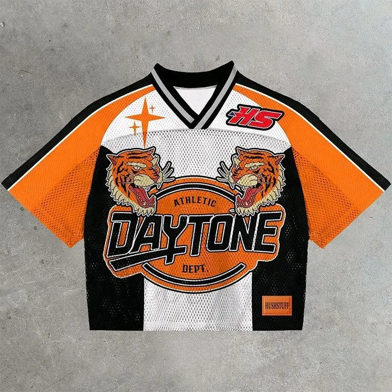 Jersey Girl Top - Orange & Black Mesh Design with Tiger Graphics Womenswear