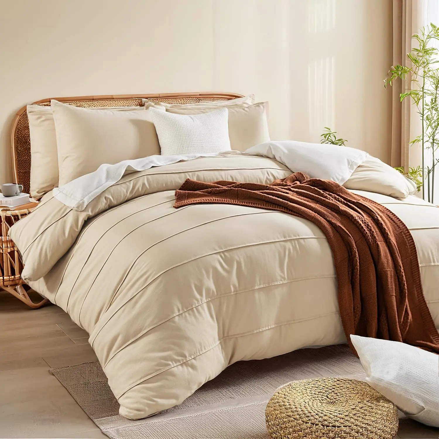 Queen Size 100% Cotton Duvet Cover Set - 3pc Pleated Modern Linen-Like Bedding, Soft, Breathable, Durable, Lightweight, Hidden Zipper Closure (90"x90", Machine Washable, Tumble Dry on Low or Dry Naturally, No Comforter, Yellow Tan)