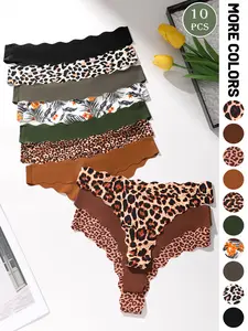 10-piece set of women's printed and solid color thongs, sexy wave-edged low-rise G-strings, suitable for all seasons and everyday wear as close-fitting lingerie and underwear.