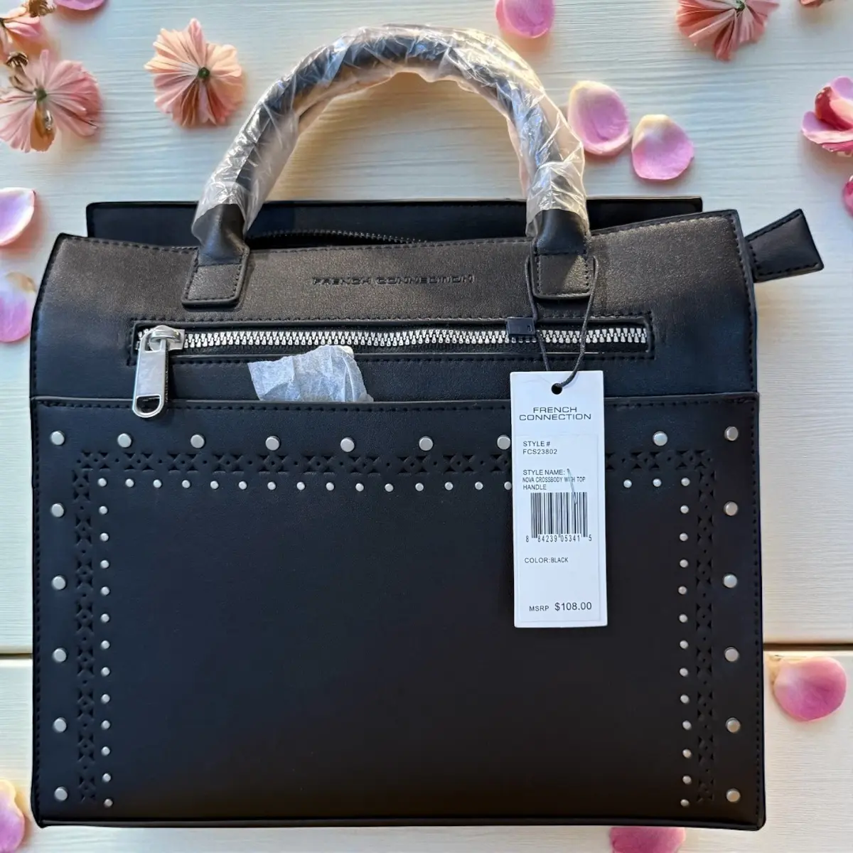 French Connection Nova Crossbody Bag with Top Handle Black Leather Studded Design for Women Everyday & Special Occasions