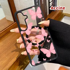 Compatible with Samsung Galaxy S23 Ultra S24 Plus S25 S22+ FE Magnetic Case Pink Butterfly Dream Pattern Acrylic Transparent Four Corner Shock-absorbing Airbag Smartphone Cover