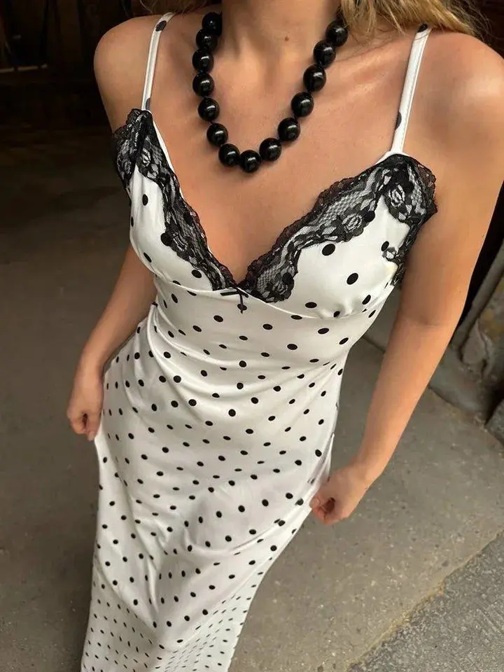 Colette Polka Dot Maxi Dress - French Inspired Lace Splicing Deep V Neckline Flowing Silhouette Lightweight Fabric Perfect for Summer Nights & Romantic Escapes
