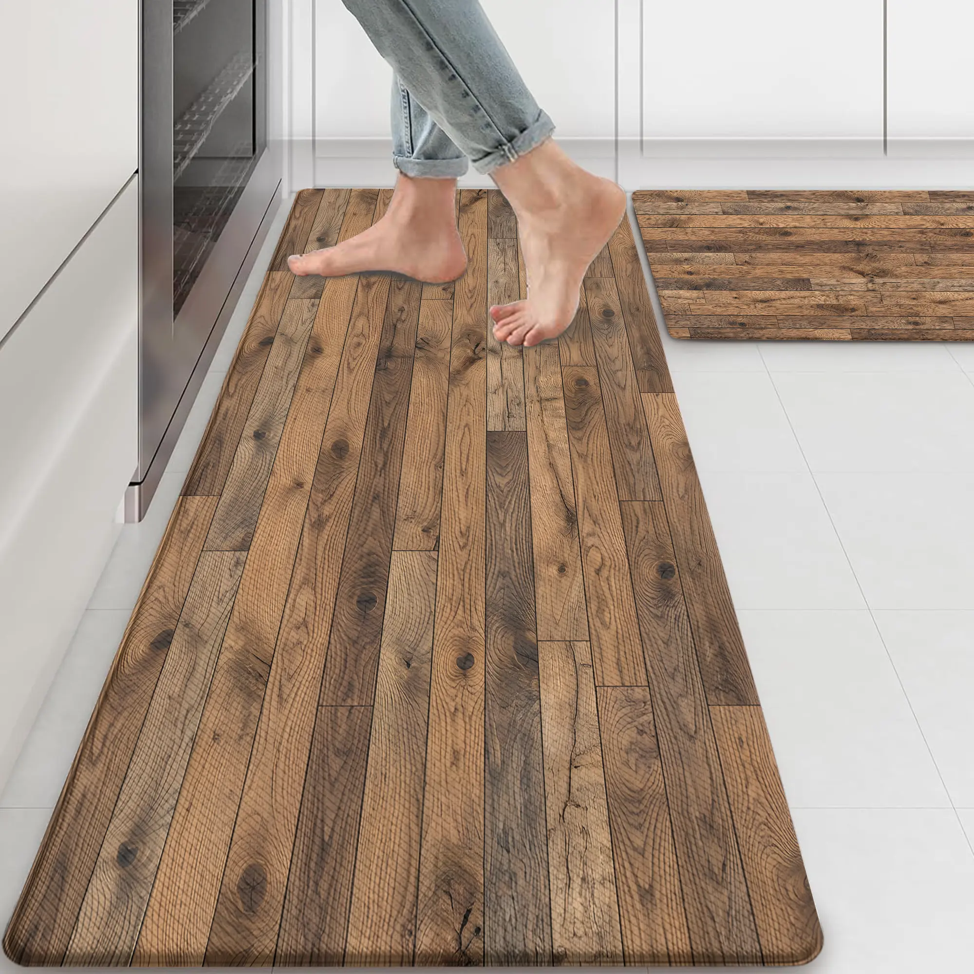 Rustic Wood Grain Kitchen Mat Set of 2, Anti Fatigue Memory Foam Kitchen Rugs and Runner, Non Slip Waterproof Cushioned Floor Mats for Sink, Laundry Room and Office