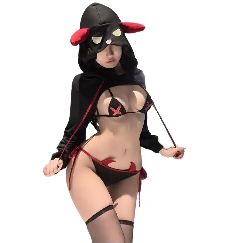 Little Devil Bikini + Short Hoodie Lingerie 3Piece Set: Sexy Strappy Succubus Cosplay Costume, Anime and Manga-Inspired Loungewear