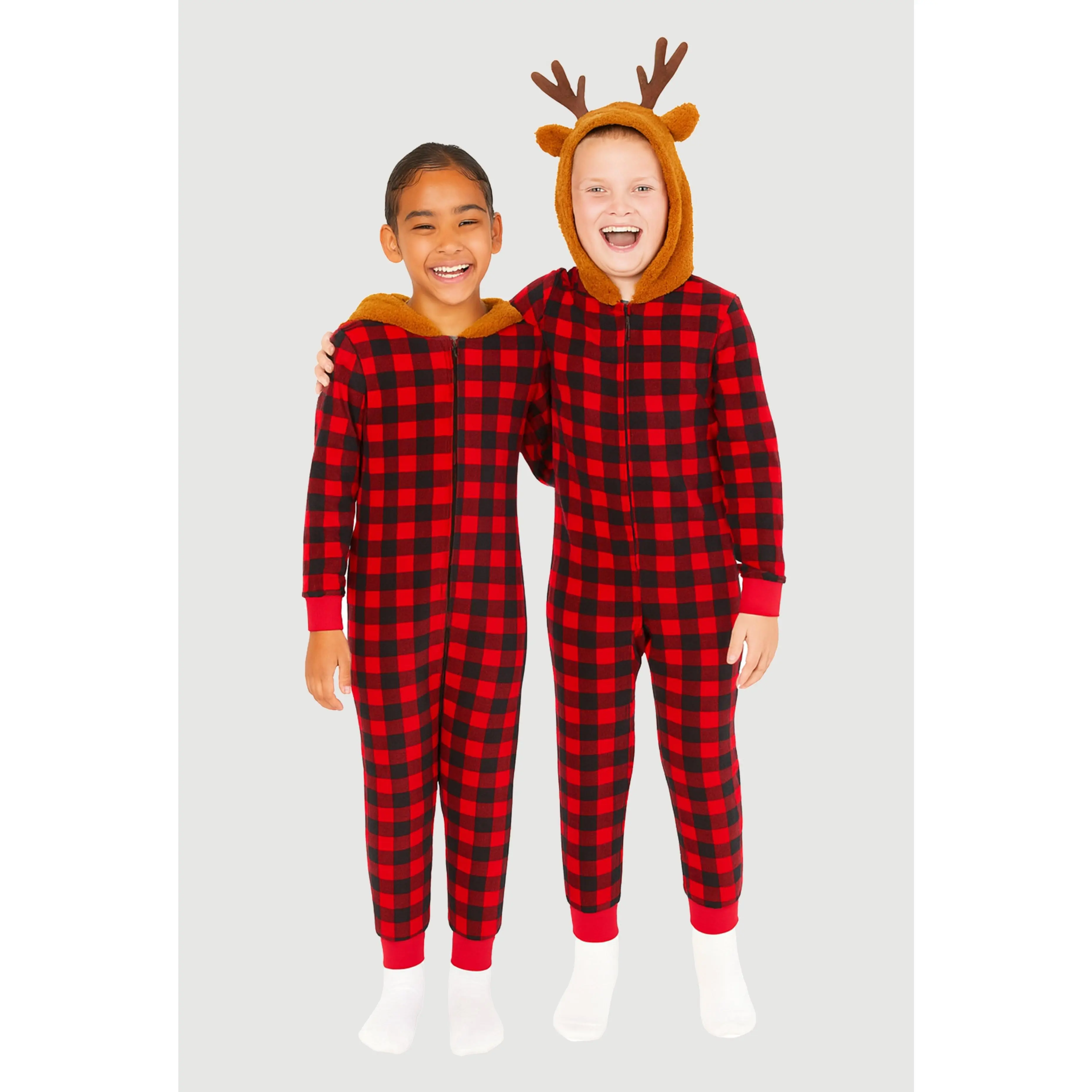 Kids Reindeer Hooded Buffalo Plaid Onesie Family Pajamas