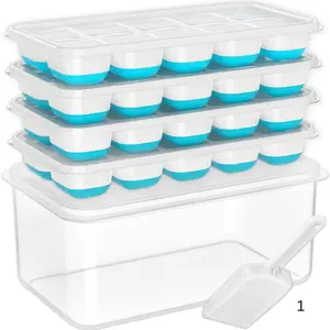 Ice Cube Tray with Lid and Bin, 4 Pack Silicone Plastic Ice Cubes Trays for Freezer with Box/Container, Stackable with Storage Iced Bucket Kits, Scoop, for RV, Soup, Food, Cocktail, Coffee