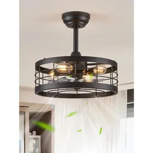 16.5 inch Black Caged Ceiling Fan with Light, Fandelier Industrial Ceiling Fan with Remote, Farmhouse Fan Lights Ceiling Fixtures for Kitchen, Bedroom, Outdoor(6 Speed, Timing)-Black