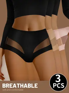 QUASTI 3-Pack High-Waisted Ice Silk Transparent Women's Briefs Highly Elastic Breathable Silky Comfortable Tummy-Controlling Mesh S-XXL