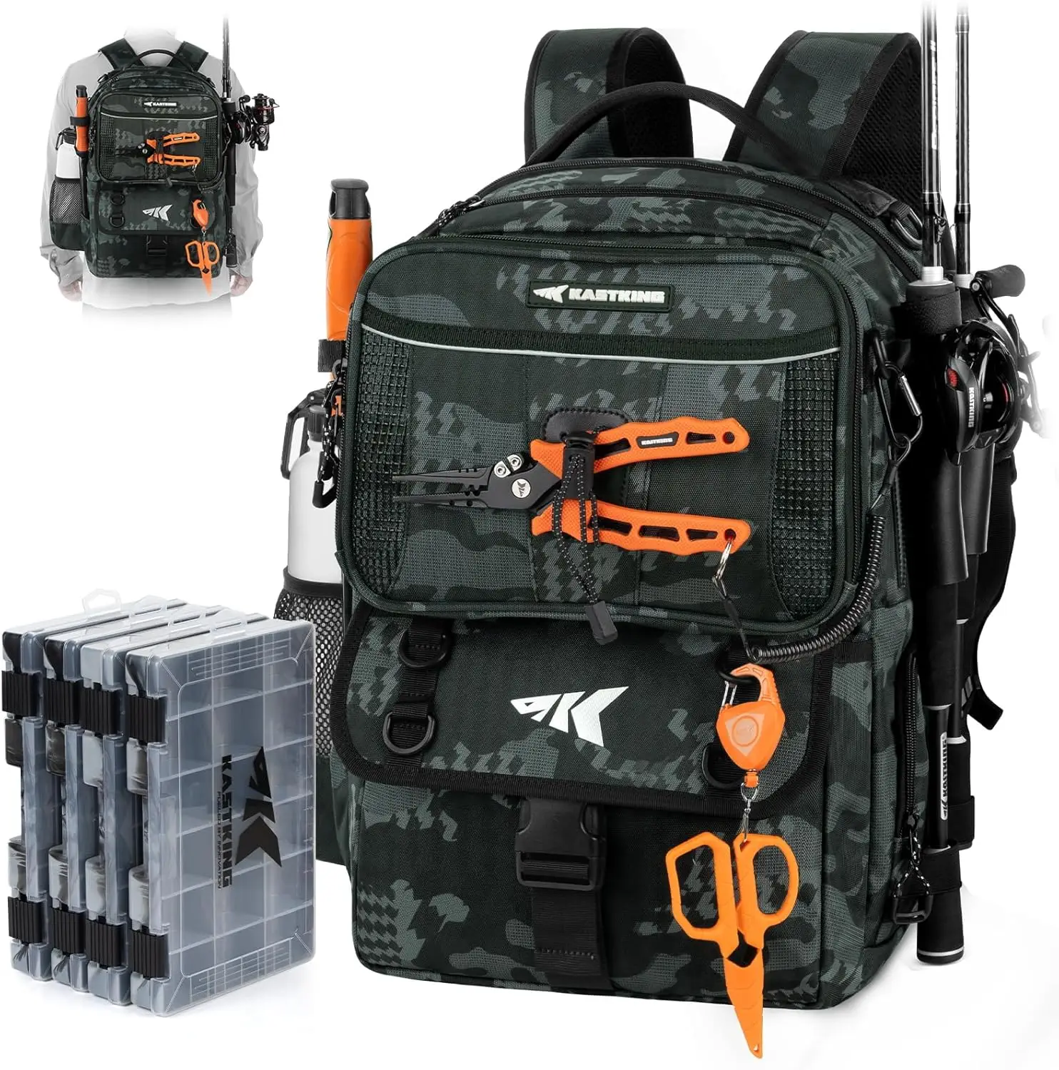 KastKing BaitSpace 50L Fishing Tackle Backpack with Removable Bait Binder & 4 Tackle Boxes, Rod Holders Storage Fishing Gear