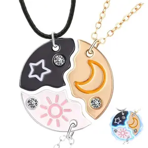 3Pcs Sun Moon Star Split Puzzle Necklaces - Matching BFF Friendship Necklaces for 3 Best Friends & Sisters, Celestial Rhinestone Jewelry Gift