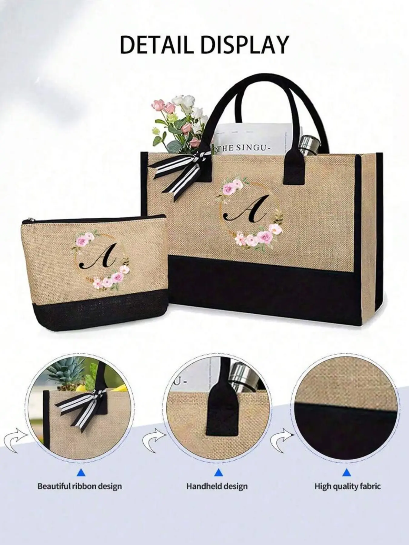 Initial Canvas Tote Bag Comes With A Makeup Bag,Flower Wreath Letters A-Z,Personalized Present Bag, Suitable For Wedding, Birthday, Beach, Holiday,School Bag , Is A Great Gift For Women, Mom, Teachers, Friends,