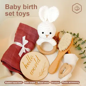 Adorable Handmade Bunny Rattle Newborn Gift Kit, Safe Baby Toy Set, Teether, Bell, Bath Towel, Hair Brush, Wooden Card mini