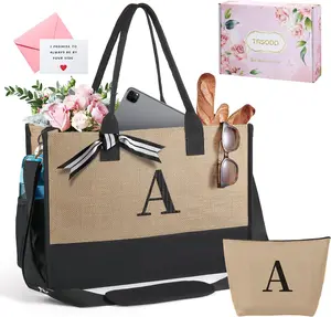 Tote Bag for Women, Embroidery Jute Straw Large Tote Bag with Makeup Bag, Personalized Friend Birthday Bridal Shower Gifts, Weekender Bag with Inner Pocket Side Pocket Shoulder Strap and Greeting Card with Gift Box