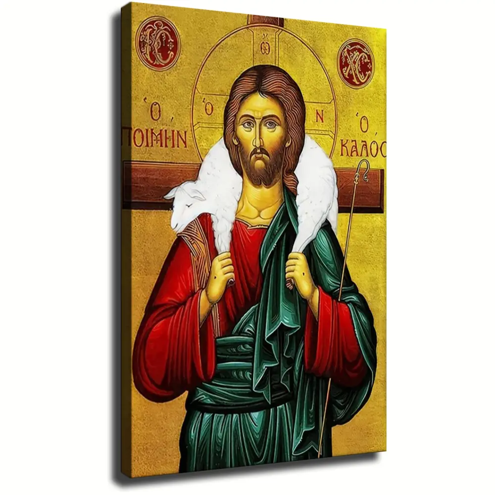 Handmade Religious Greek Orthodox Jesus Christ The Good Shepherd Icon - Plain Waterproof Byzantine Wood Plaque, Canvas Print Wall Art for Home Decor (Bedroom, Living Room, Cafe)